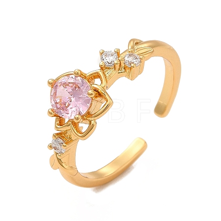 Pink Cubic Zirconia Flower of Life Open Cuff Ring RJEW-C048-09G-1