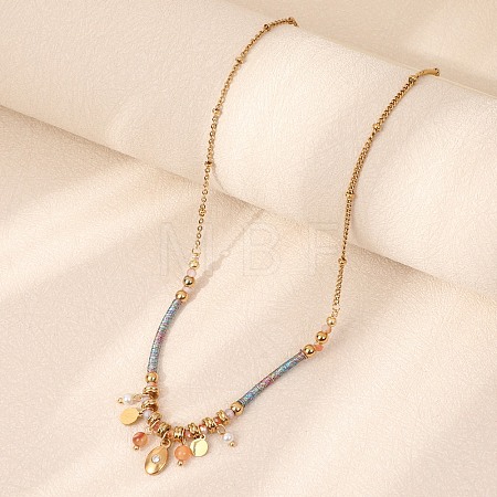 Boho 304 Stainless Steel Oval Coin Tassel & Plastic Pearl Pendant Cotton Cord Necklaces for Women WG94FE8-03-1