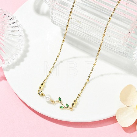 Shell Pearl Branch Pendant 304 Stainless Steel Cable Chain Necklaces for Women NJEW-JN06153-1