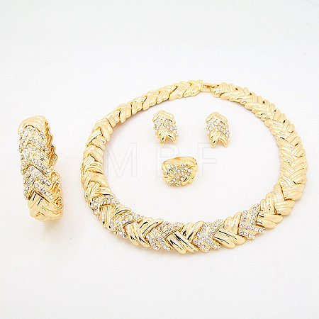 Woven Pattern Alloy with Rhinestone Chain Necklaces & Stud Earrings & Bangles & Rings Sets FS-WG1F788-01-1