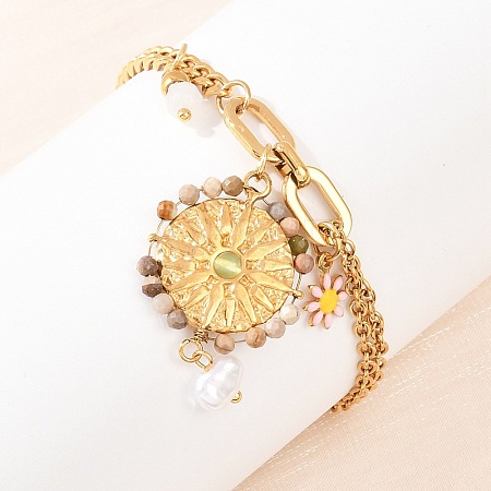 Flat Round & Flower 304 Stainless Steel & Enamel Charm Bracelets BJEW-P375-02G-1