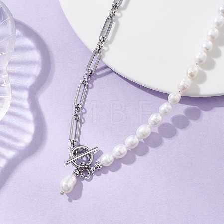 304 Stainless Steel Figaro Chain Natural Cultured Freshwater Pearl Rice Beaded Necklaces with OT Clasps NJEW-JN05959-02-1