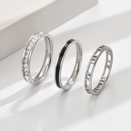 3Pcs Hollow Out 304 Stainless Steel Micro Pave Clear Cubic Zirconia with Enamel Finger Rings FS-WGFDE09-12-1