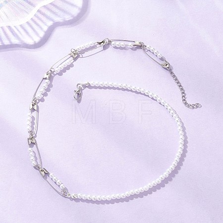 Iron Safety Pins and Acrylic Imitation Pearl Round Beaded Necklaces NJEW-JN05613-1