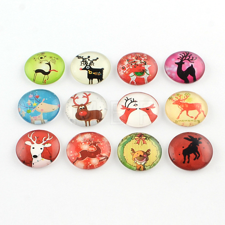 Half Round/Dome Christmas Reindeer/Stag Pattern Glass Flatback Cabochons for DIY Projects GGLA-Q037-12mm-39-1