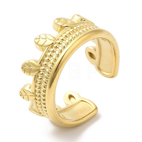 304 Stainless Steel Leaf Open Cuff Ring for Women RJEW-I098-14G-1