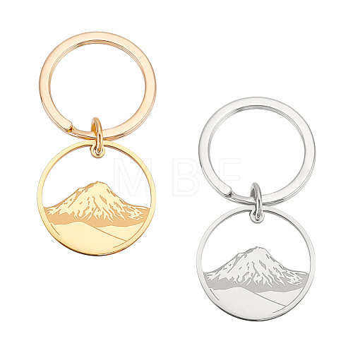 Unicraftale 2Pcs 2 Colors Round Ring with Mountain 304 Stainless Steel Pendant Keychain KEYC-UN0001-15-1