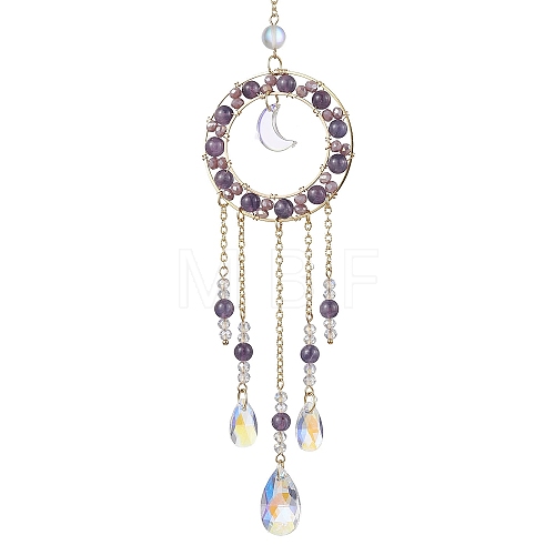 Natural Amethyst Beaded Ring Hanging Ornaments HJEW-TA00169-1