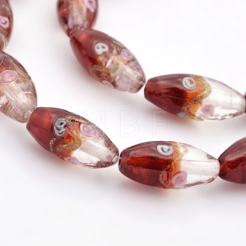 Handmade Two Tone Gold Sand Lampwork Oval with Flower Pattern Beads Strands LAMP-O007-02C-1