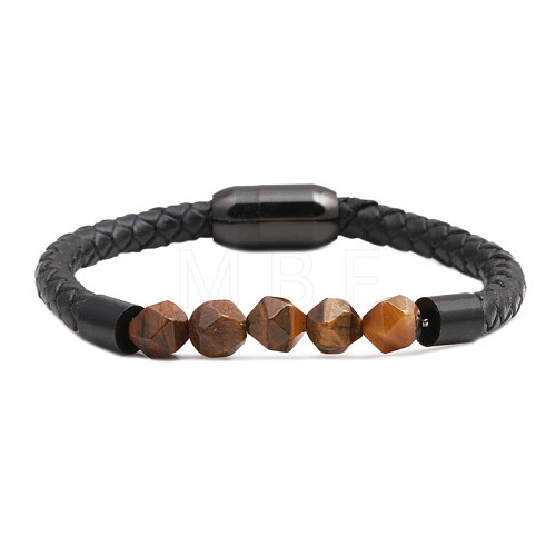 Men's Black Onyx Stone Beaded Bracelet with Magnetic Clasp Leather Weave Jewelry ST3475982-1