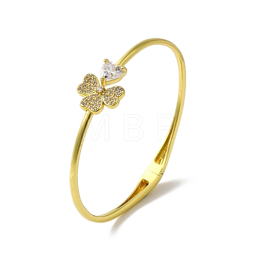 Rack Plating Brass Pave Clear Cubic Zirconia Clover & Heart Hinged Bangles BJEW-H616-01G-1