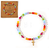 Natural Stone and Glass Faceted Rondelle Beaded Stretch Bracelets with Brass Religion Cross Charms for Women KR8721-2-1