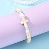 Religion Synthetic Turquoise Cross & Rondelle Natural Petrified Wood & Round Dyed Howlite Beaded Stretch Bracelets BJEW-JB14421-2