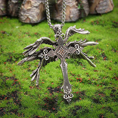 Tibetan Style Alloy Angel Wings Cross Pendant Necklaces FS-WG1EE03-01-1