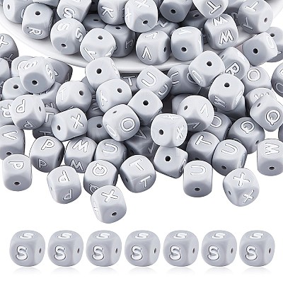 20Pcs Grey Cube Letter Silicone Beads 12x12x12mm Square Dice Alphabet Beads with 2mm Hole Spacer Loose Letter Beads for Bracelet Necklace Jewelry Making JX436S-1