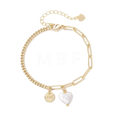 Brass Flat Round with Word Love & Natural Keshi Pearl Heart Charms Bracelets BJEW-JB13483-1