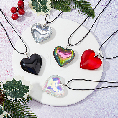 FIBLOOM 5Pcs 5 Colors Heart Glass Pendant Necklaces Set with Waxed Cord for Women NJEW-FI0001-05-1