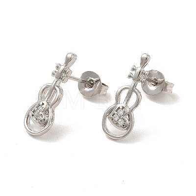 Rack Plating Brass Micro Pave Clear Cubic Zirconia Violin Stud Earrings EJEW-F301-26-1