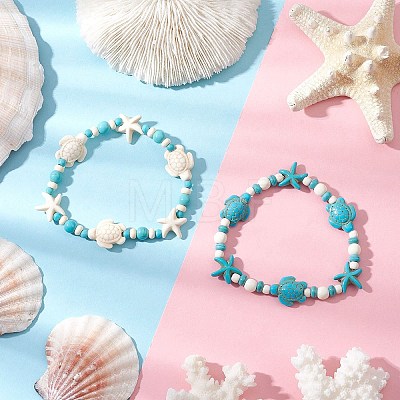 2Pcs Starfish & Turtle Synthetic Turquoise Beads Stretch Bracelets for Women BJEW-JB11921-1