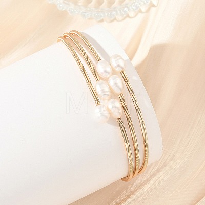 Natural Freshwater Pearl & Brass 3-Strand Open Cuff Bangles BJEW-JB14229-1