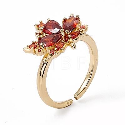 Brown Glass Maple Leaf Open Cuff Ring with Cubic Zirconia RJEW-J017-VC502-1