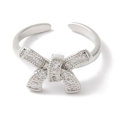 Bowknot Brass Micro Pave Clear Cubic Zirconia Open Cuff Rings for Women RJEW-C098-08P-1