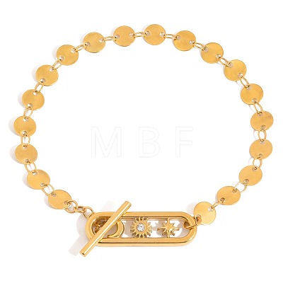 304 Stainless Steel Flat Sequin Chain Bracelets with Crystal Rhinestone with Moo Sun Star OT Clasps PL6562-1