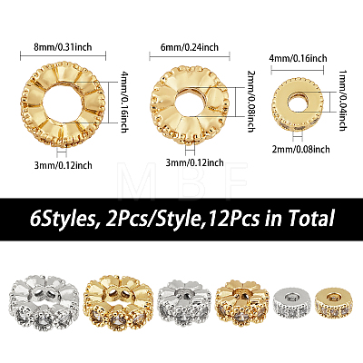12Pcs 6 Style Brass Micro Pave Cubic Zirconia Beads KK-CA0002-53-1