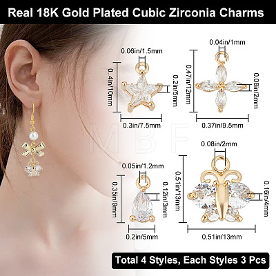 12Pcs 3 Style Brass Cubic Zirconia Charms KK-BBC0011-55-1