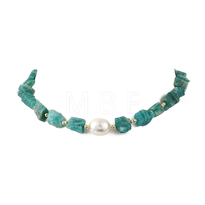 Raw Rough Natural Amazonite Nuggets & Oval Shell Pearl Beaded Necklaces for Women NJEW-JN06486-1