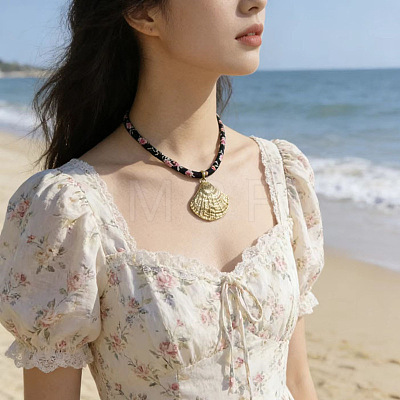 Summer Beach Zinc Alloy Shell Shape Pendant Round Printed Nylon Cord Necklaces for Women WG936D5-01-1