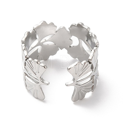 304 Stainless Steel Gingko Leaf Open Cuff Ring for Women RJEW-K245-42P-1