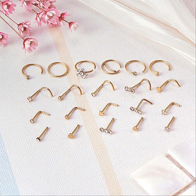 21Pcs 21 Style Clear Cubic Zirconia Flower & Flat Round & Heart Nose Studs & Rings Set JX527C-1