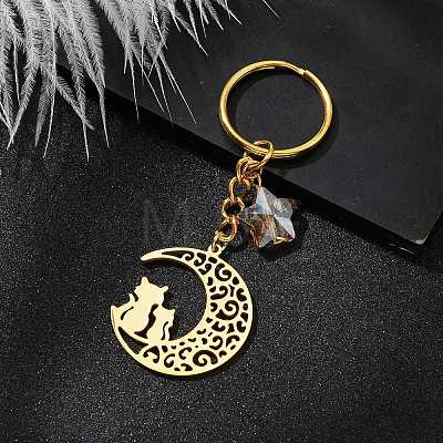 Stainless Steel Hollow Moon Cat Keychains KEYC-JKC00585-01-1