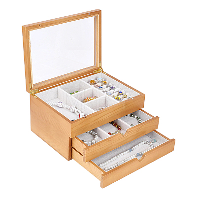 3-Tier Pine Wood Jewelry Storage Drawer Boxes with Visible Window CON-WH0095-222-1