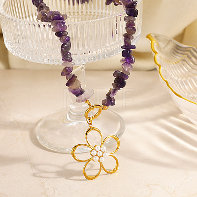 Summer Faux Pearl 304 Stainless Steel Flower Pendant Natural Amethyst Chip Beaded Necklaces for Women WGDF0A1-01-1