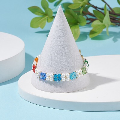 Shell Pearl & Glass Braided Flower Beaded Bracelet BJEW-TA00087-1
