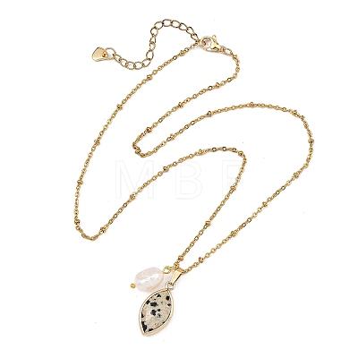 Rice Natural Pearl & Natural Dalmatian Jasper Faceted Horse Eye Pendant 304 Stainless Steel Satellite Chain Necklaces for Women NJEW-JN06261-02-1