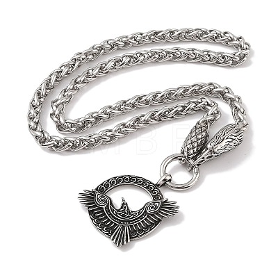 304 Stainless Steel Wheat Chain Raven Viking Huginn Muninn Pendant Necklaces for Men NJEW-K278-07AS-1