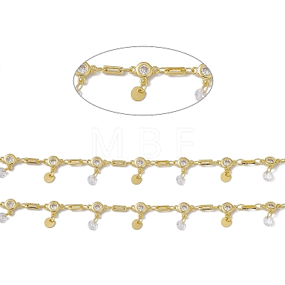 Brass Rectangle & Cubic Zirconia Flat Round Link Chains CHC-P010-05G-1