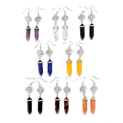 Pointed Bullet Natural & Synthetic Mixed Gemstone Dangle Earrings EJEW-K084-B-1
