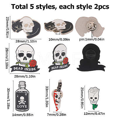 10Pcs 5 Style Skull & Rose Flower & Knife & Bottle Enamel Pins SKUL-SC0001-02-1