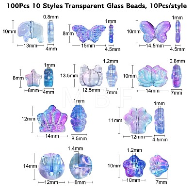100Pcs 10 Styles Transparent Glass Beads GLAA-CJ0001-96-1