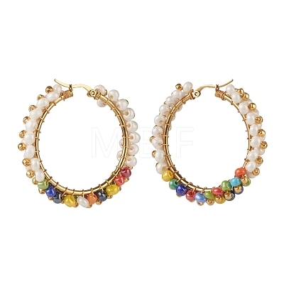 Glass Beads Braided Big Hoop Earrings EJEW-JE04848-05-1