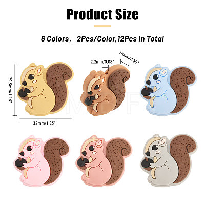 CHGCRAFT 12Pcs 6 Colors Squirrel Food Grade Eco-Friendly Silicone Beads SIL-CA0003-04-1