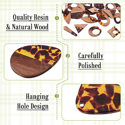 22Pcs 11 Styles Transparwnt Resin & Walnut Wood Pendants RESI-TA0005-75-1