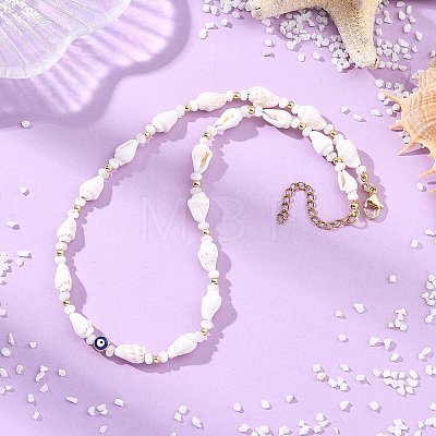 Ocean Natural Trochid Shell & Alloy Enamel Blue Evil Eye Beaded Necklaces NJEW-JN06307-1