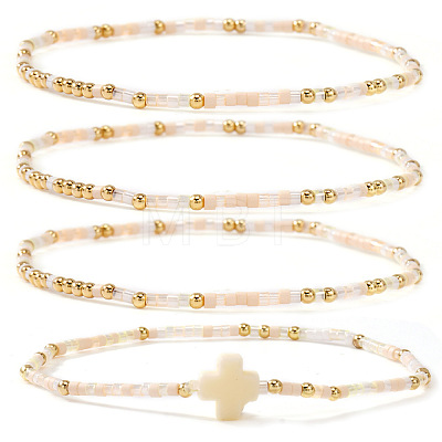 4Pcs Bohemian Summer Cross & Glass Seed Bead Beaded Stretch Bracelet Sets BE5944-2-1