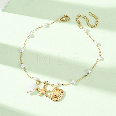 Ocean 304 Stainless Steel and Imitation Pearl Charm Anklets for Women SA-CBA3D94-04B-G-1
