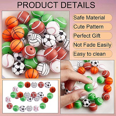 60Pcs 15mm Silicone Beads Sports Silicone Beads Bulk Basketball Soccer Tennis Baseball Rugby Volleyball Silicone Beads Kit for DIY Jewelry Making Craft JX308A-1